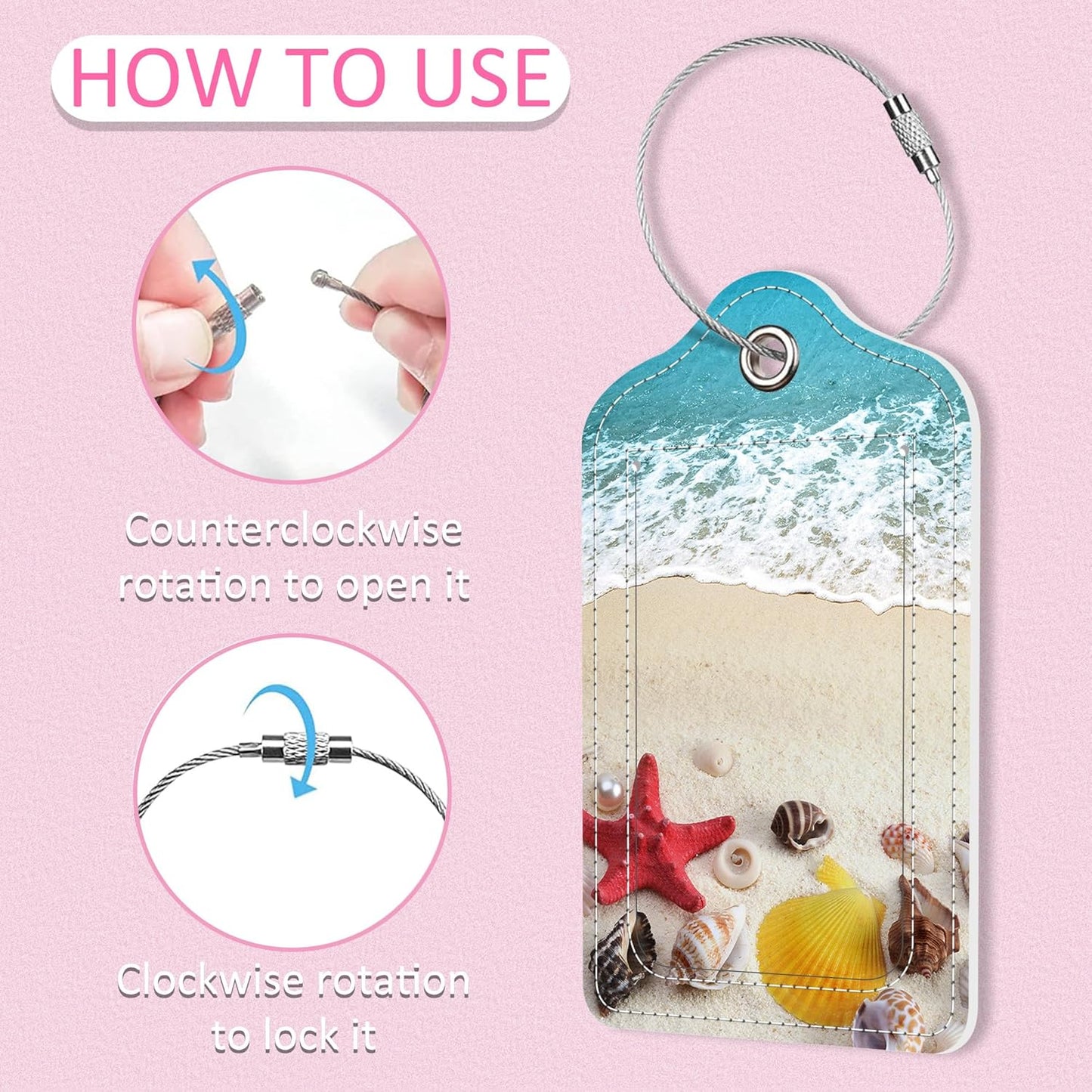 2 Pack Luggage Tag for Suitcase,Beach and Shells PU Leather Suitcase Tags Identifiers with Privacy Name Address Labels and Steel Loop for Women Men Travel