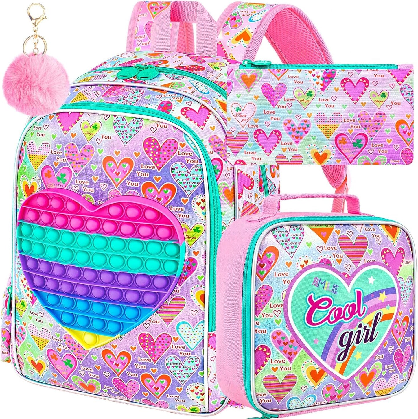 AGSDON 3PCS Kid Backpacks for Girls, 16" Kids Backpack with Lunch Box, Girl Bookbag for School Elementary