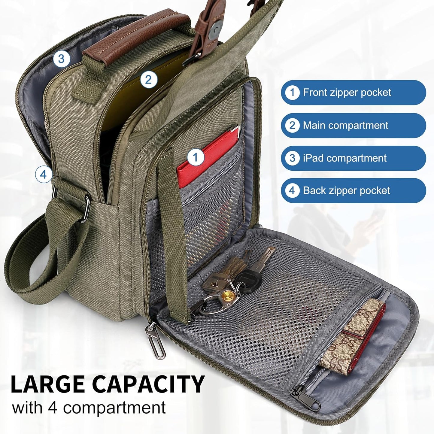 WITZMAN Canvas Small Messenger Bag for Men Crossbody Bag Multi-pocket Casual Shoulder Bag Travel Chest Bag