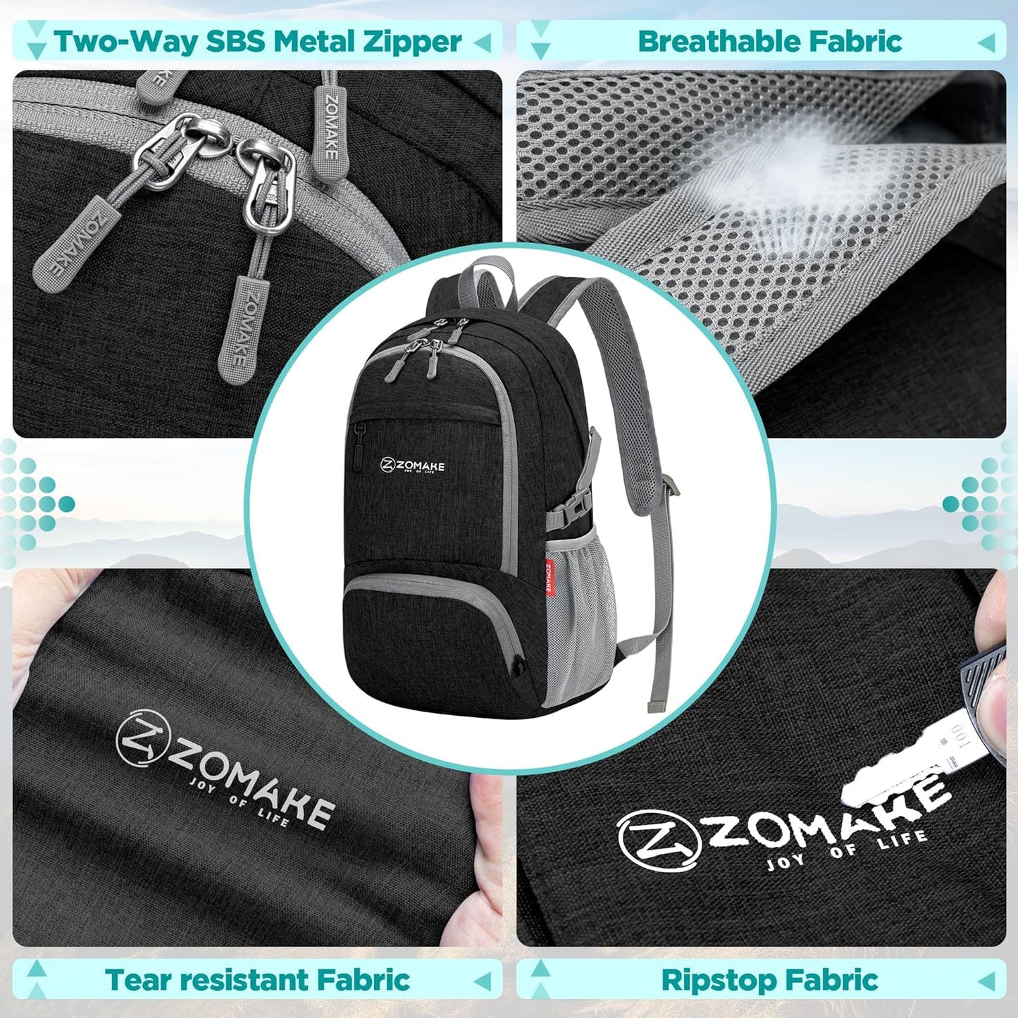 ZOMAKE Ultra Lightweight Packable Backpack 25L,Small Foldable Backpacks Hiking Water Resistant Collapsible Daypack for Women Men(Black-A3)