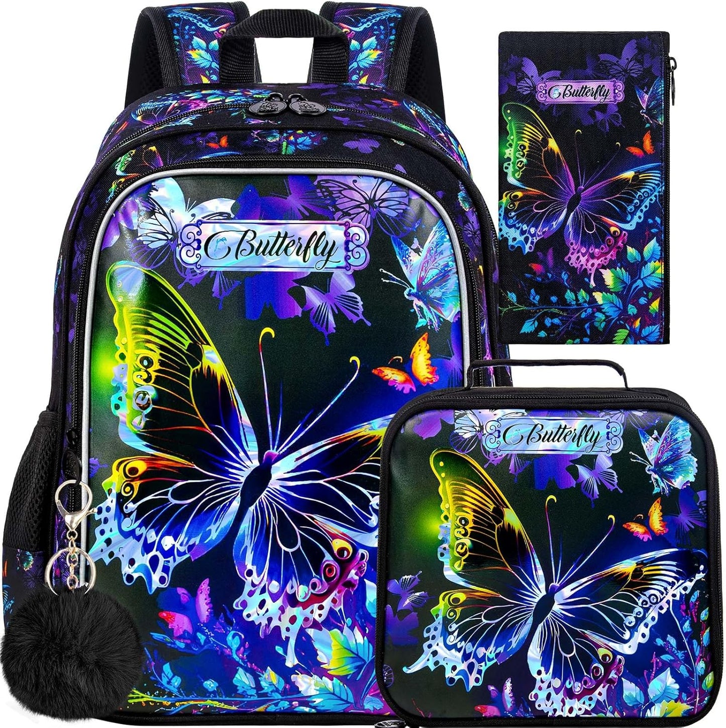 3PCS Backpack for Girls, Water Resistant Butterfly Bookbag Set with Lunch Box，Cute Elementary School Bag for Preschool Toddler
