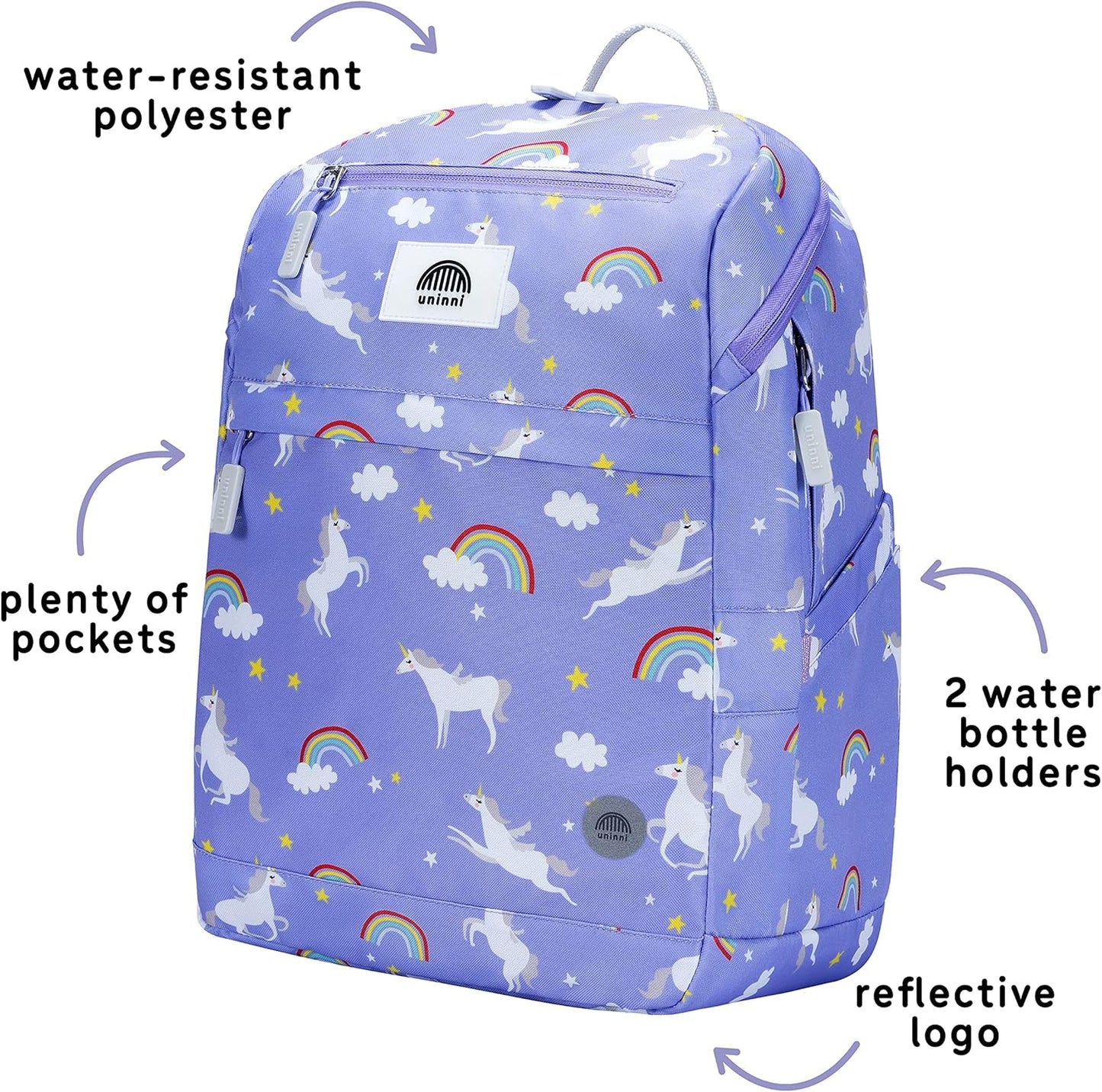 uninni 16" Kid's Backpack for Girls and Boys Age 6+ with Padded, and Adjustable Shoulder Straps. Fits for Height 3'9" Above Kids (Unicorn Purple)