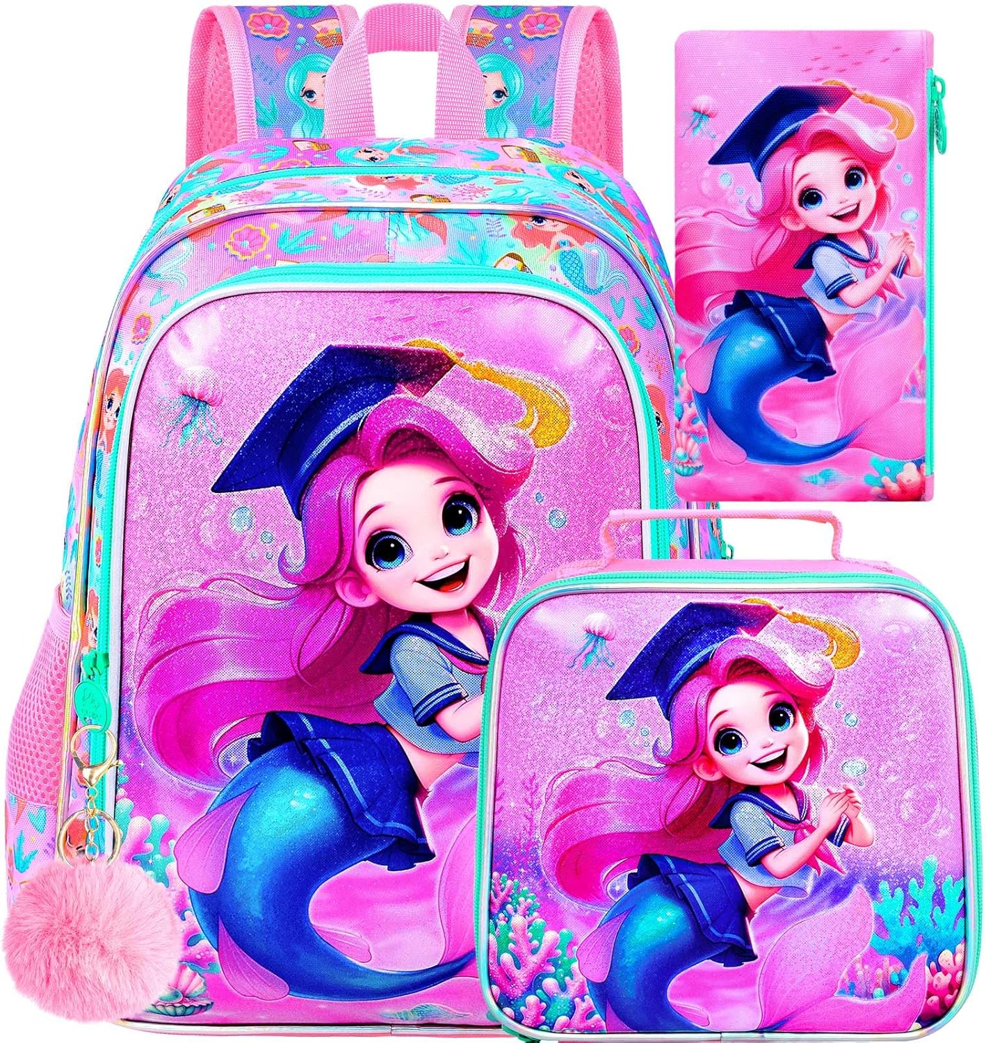 3PCS Mermaid Backpack, 16" Girls Bookbag with Lunch Box, Water Resistant Kids Elementary Prechool Toddler Shool Bag - Pink Dr. Mermaid