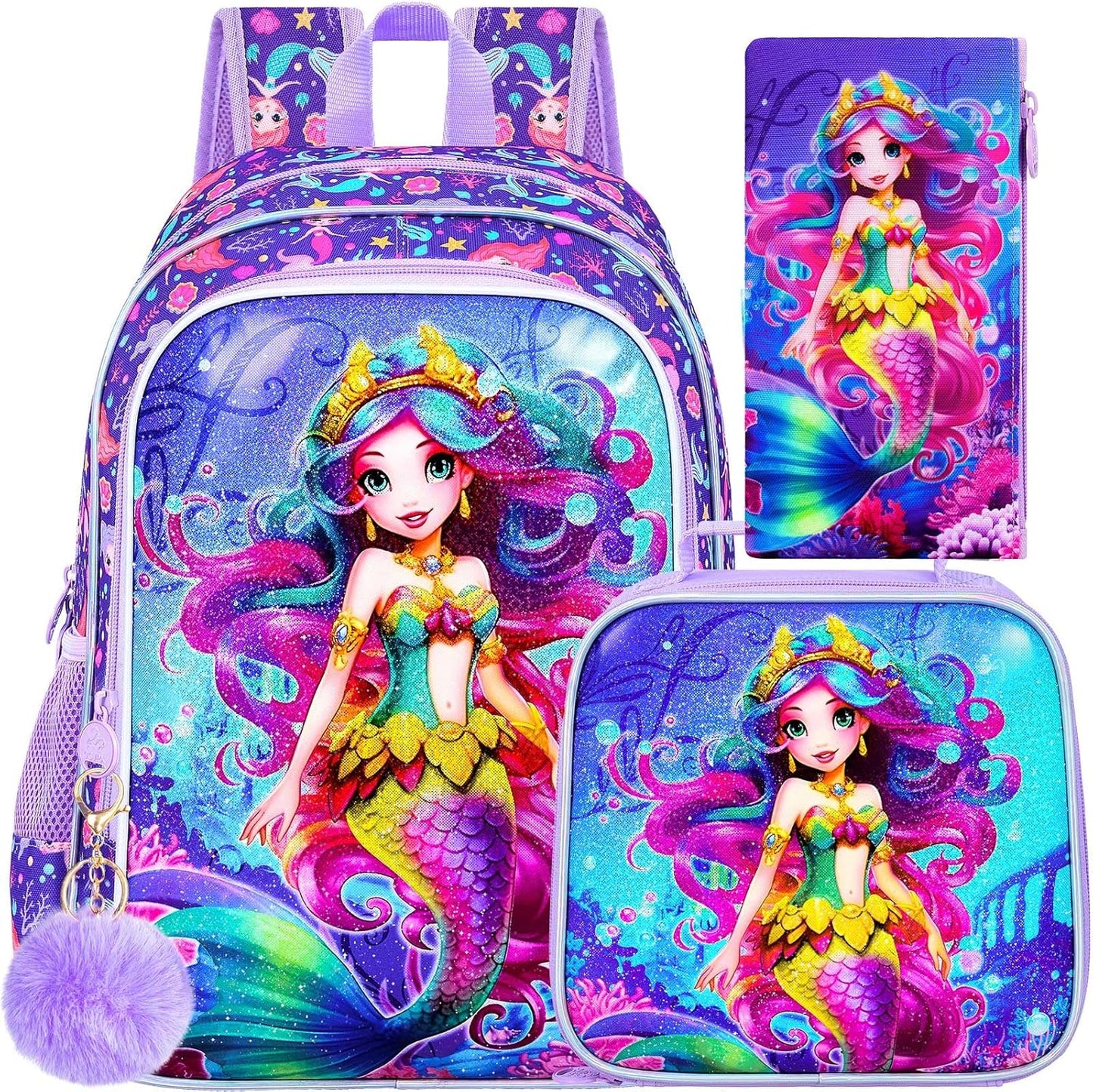 CCJPX 3PCS Kids Backpack for Girls, 16”Mermaid Sequin Preschool Bookbag Set, Cute Water Resistant School Bag for Elementary Kindergarten Toddler