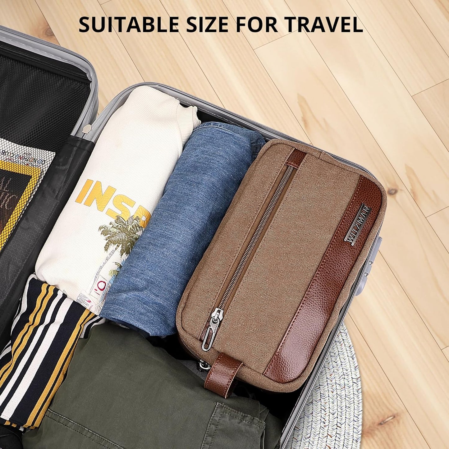 WITZMAN Canvas Toiletry Bag for Men Hanging Dopp Kit Organizer Water-resistant Travel Toiletries bag Men Bathroom Bag with Wet Pocket(A8001 Brown)
