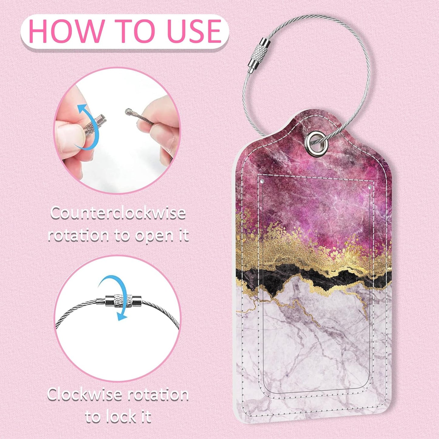 2 Pack Marble Texture Luggage Tag for Suitcase,Pink Gold Marble PU Leather Suitcase Tags Identifiers with Privacy Name Address Labels and Steel Loop for Women Men Travel
