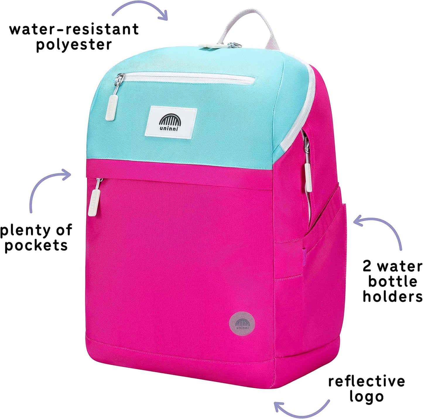 uninni 16" Kid's Backpack for Girls and Boys Age 6+ with Padded, and Adjustable Shoulder Straps. Fits for Height 3'9" Above Kids (Color Block Fuchsia/Green)