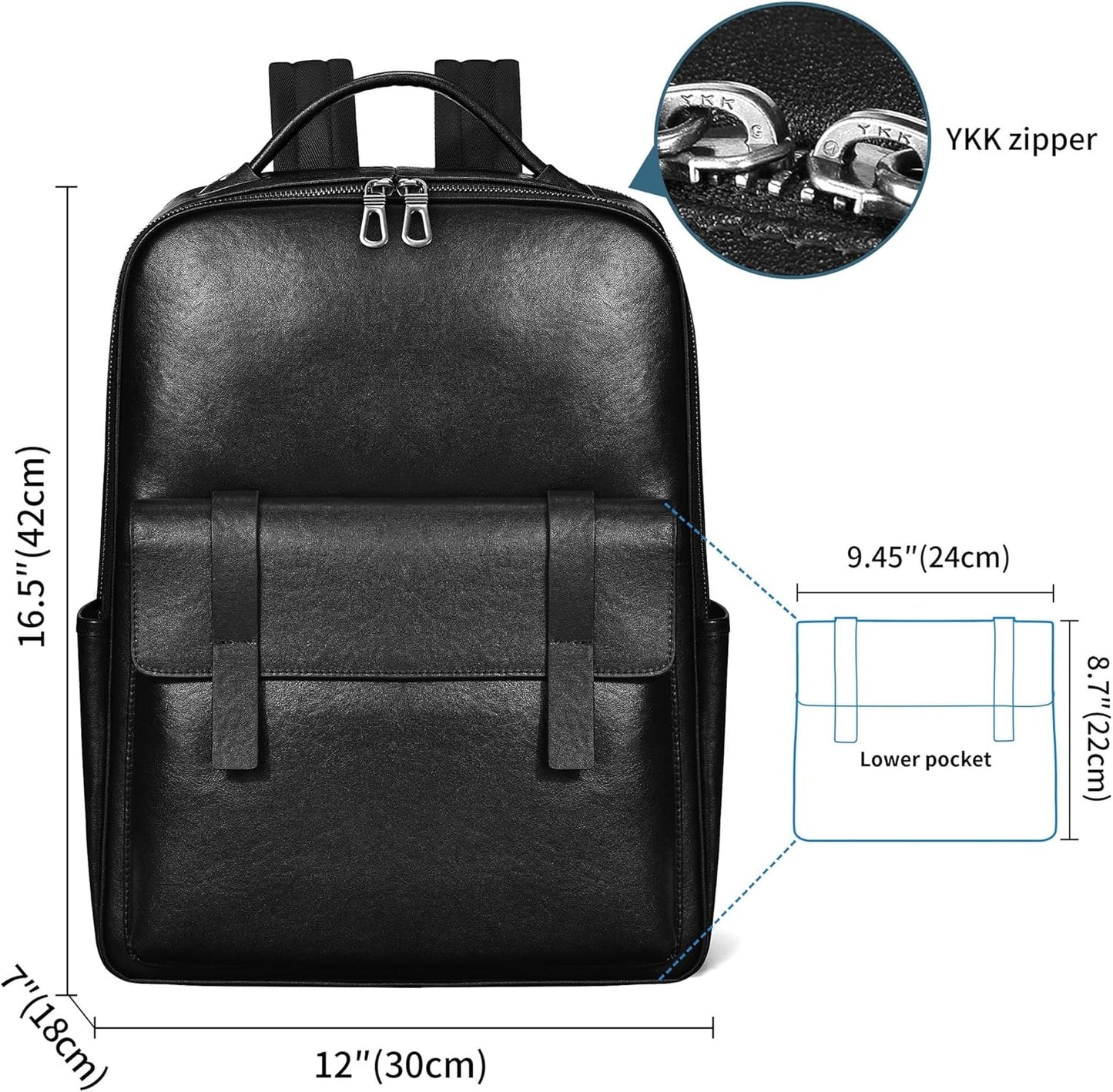 Men's Black Leather Backpack, Durable Genuine Leather Laptop Backpack for Work Travel, Business 15.6" Computer Backpack, Stylish Professional Designer