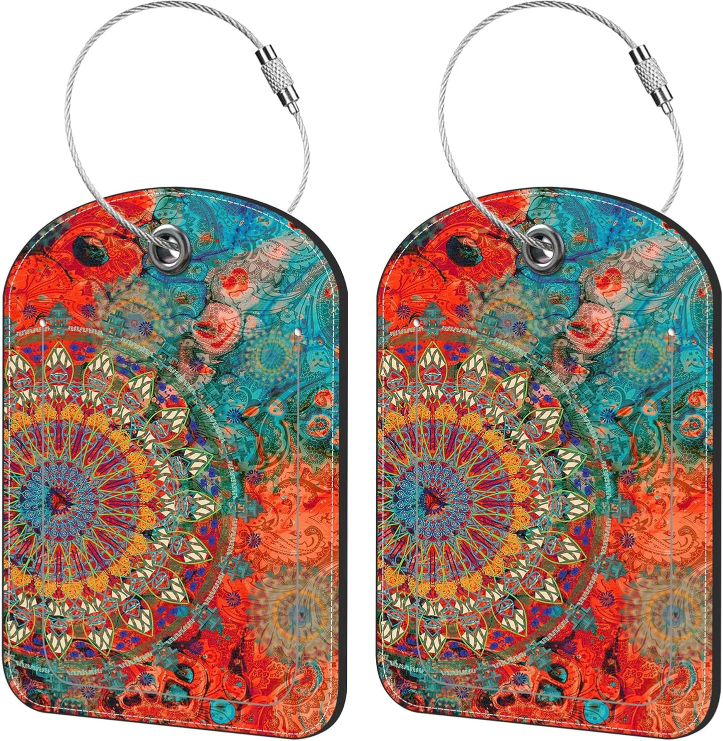 2 Pack Cute Luggage Tag for Suitcases Mandala Art Leather Luggage Tags with Stainless Steel Loop Privacy Flap Name Tags,Men and Women Travel Bag Suitcase Tags