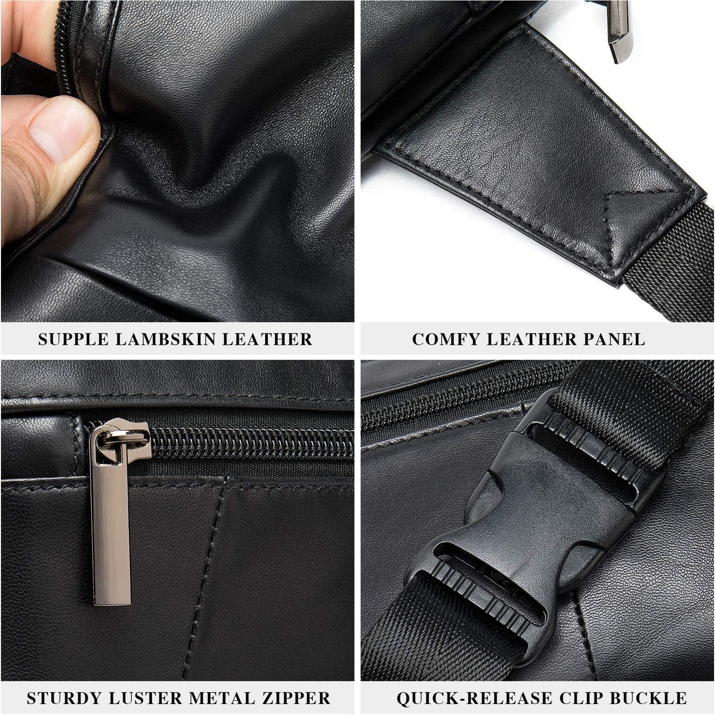 Fanny Pack for Men and Women, Super Lightweight Waist Pack Belt Bag Hip Crossbody Purse - Soft Lambskin Leather Black