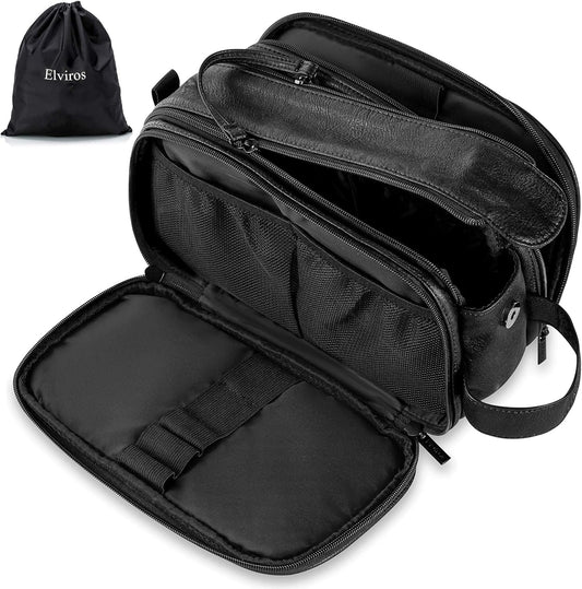 Elviros Toiletry Bag for Men, Large Travel Shaving Dopp Kit Water-resistant Bathroom Toiletries Organizer PU Leather Cosmetic Bags Fathers Day Gift(Medium, Black)