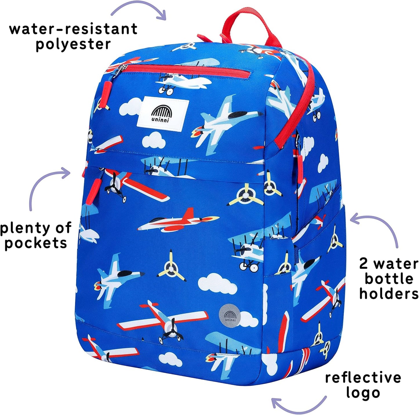 uninni 16" Kid's Backpack for Girls and Boys Age 6+ with Padded, and Adjustable Shoulder Straps. Fits for Height 3'9" Above Kids (Airplane)