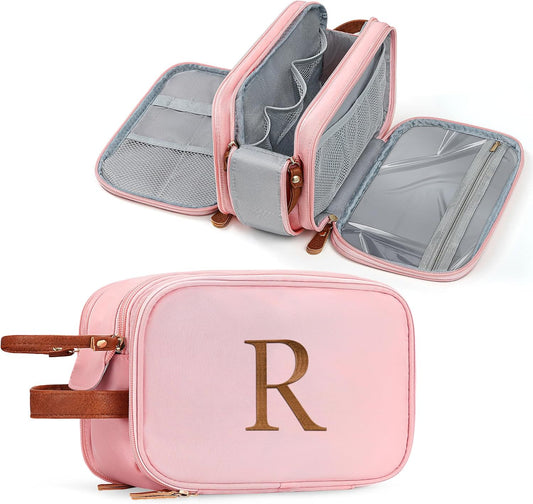 YOOLIFE Pink Letter Toiletry Bag - Travel Toiletry Bags for Women, Monogrammed Makeup Bag, Airplane Travel Essentials, Personalized Gifts for Women Her Teen Girls, Toiletries Letter R Pink