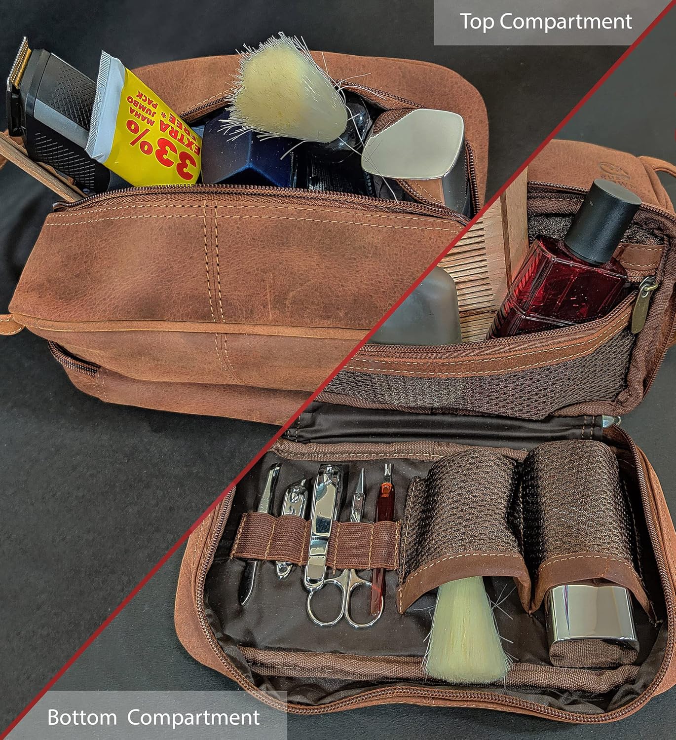 RUSTIC TOWN Leather Toiletry Bag - Waterproof Ditty Kit for Men and Women, Travel Organizer for Full-Size Essentials, TSA Approved