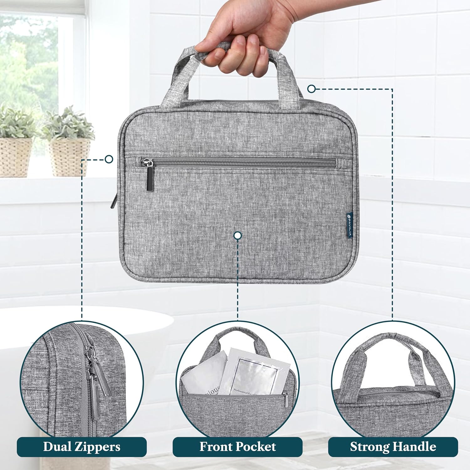 PAVILIA Hanging Toiletry Bag Travel Bag Women Men, Foldable Cosmetic Organizer, Roll up Makeup Bag
