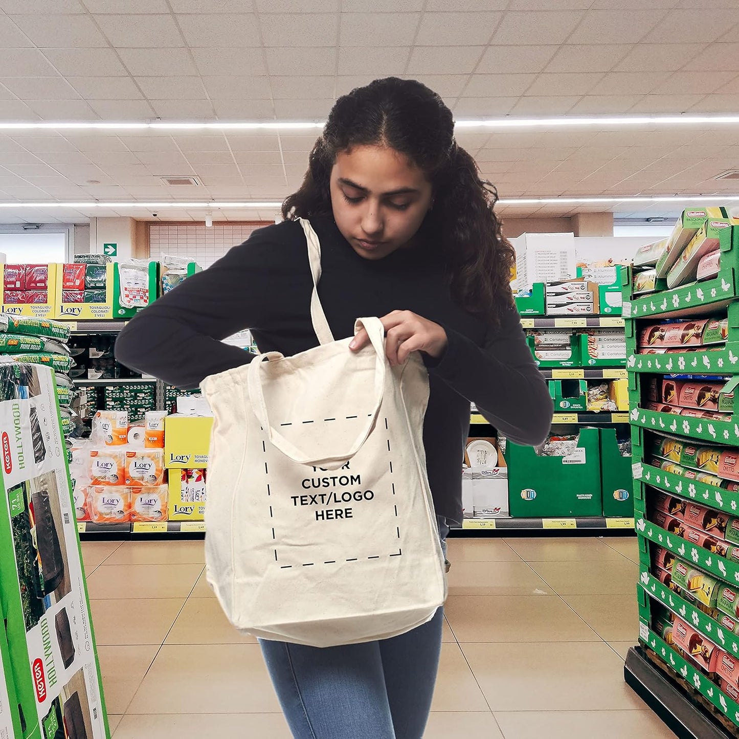 DISCOUNT PROMOS Custom Cotton Canvas Tote Bags Set of 100 - Personalized, Reusable, Perfect for Grocery, Promotions, Branding - Natural Color, 14.25"X15.5"X5", 10 OZ Cotton