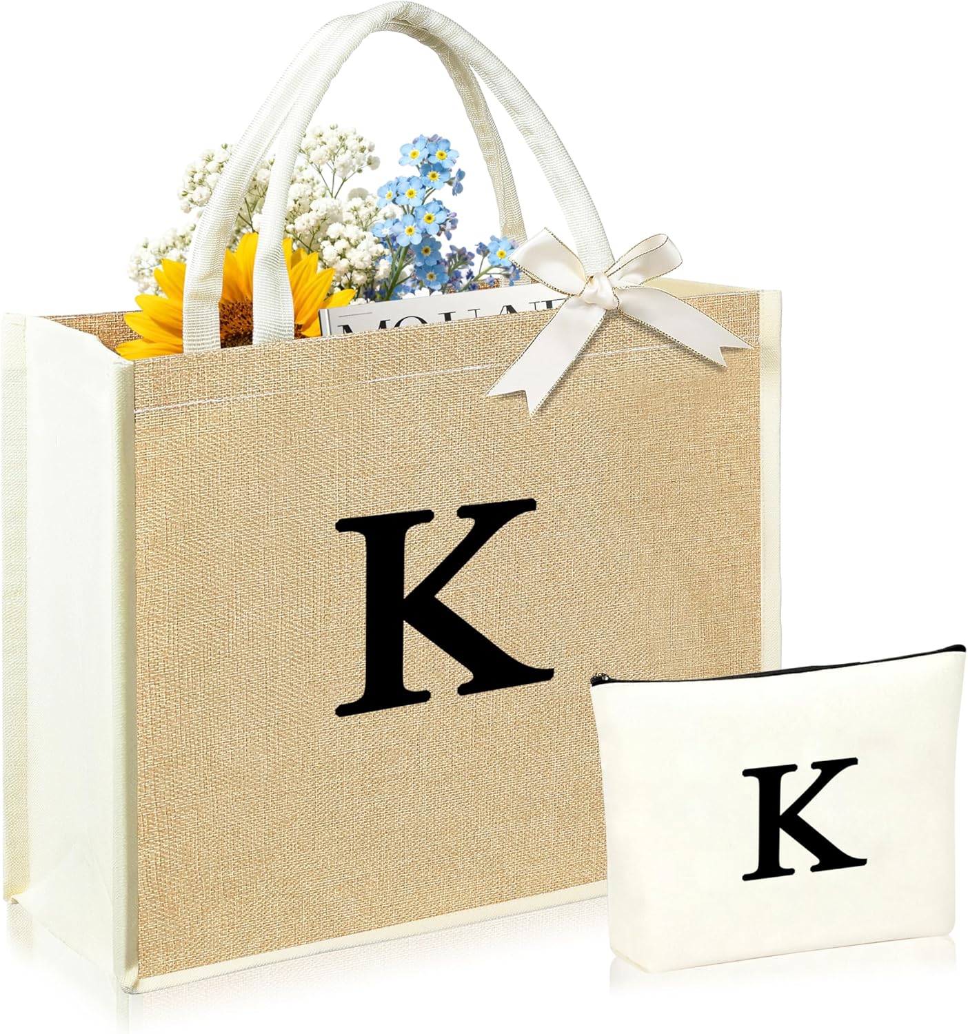 Initial Canvas Tote Bag & Makeup Bag for Women Teacher Bridesmaids，Personalized Present for Wedding, Birthday, Beach