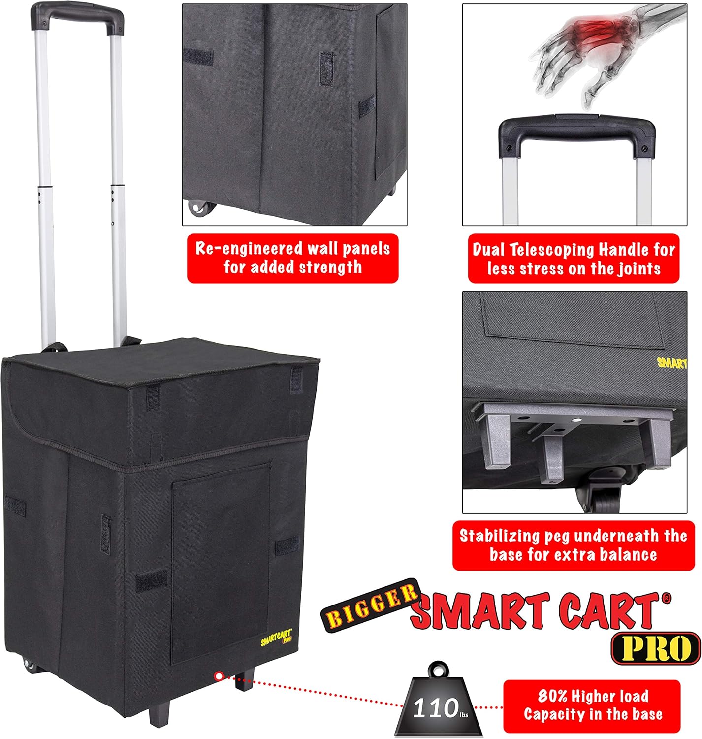 dbest products Bigger Smart Cart Pro with Wheels Lightweight Collapsible Cart, Retractable Pull Handle Multipurpose RollingCart Black