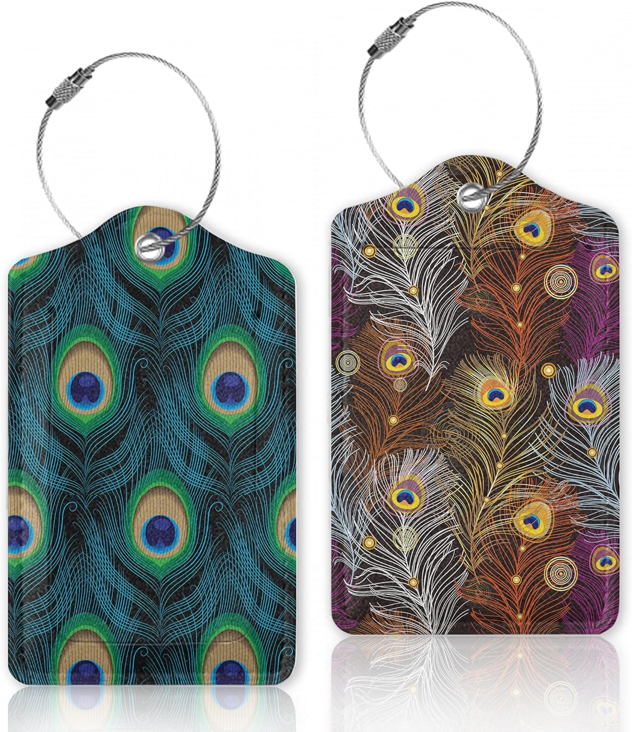 2 Pcs Luggage Tag for Suitcases,Golden Green Peacock Feathers Leather Baggage Tags Identifiers for Travel, Privacy Protection Travel Bag Labels Suitcase Tags for Women Men