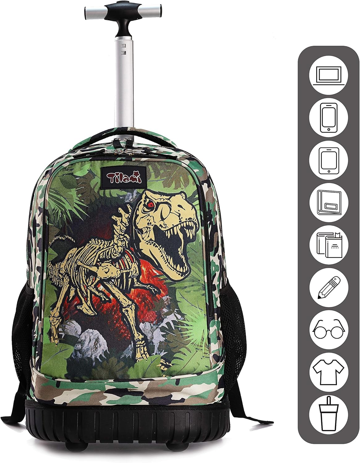 Tilami Rolling Backpack 19 inch Wheeled Cute LAPTOP Boys Girls Travel School Student Trip, Dinosaur