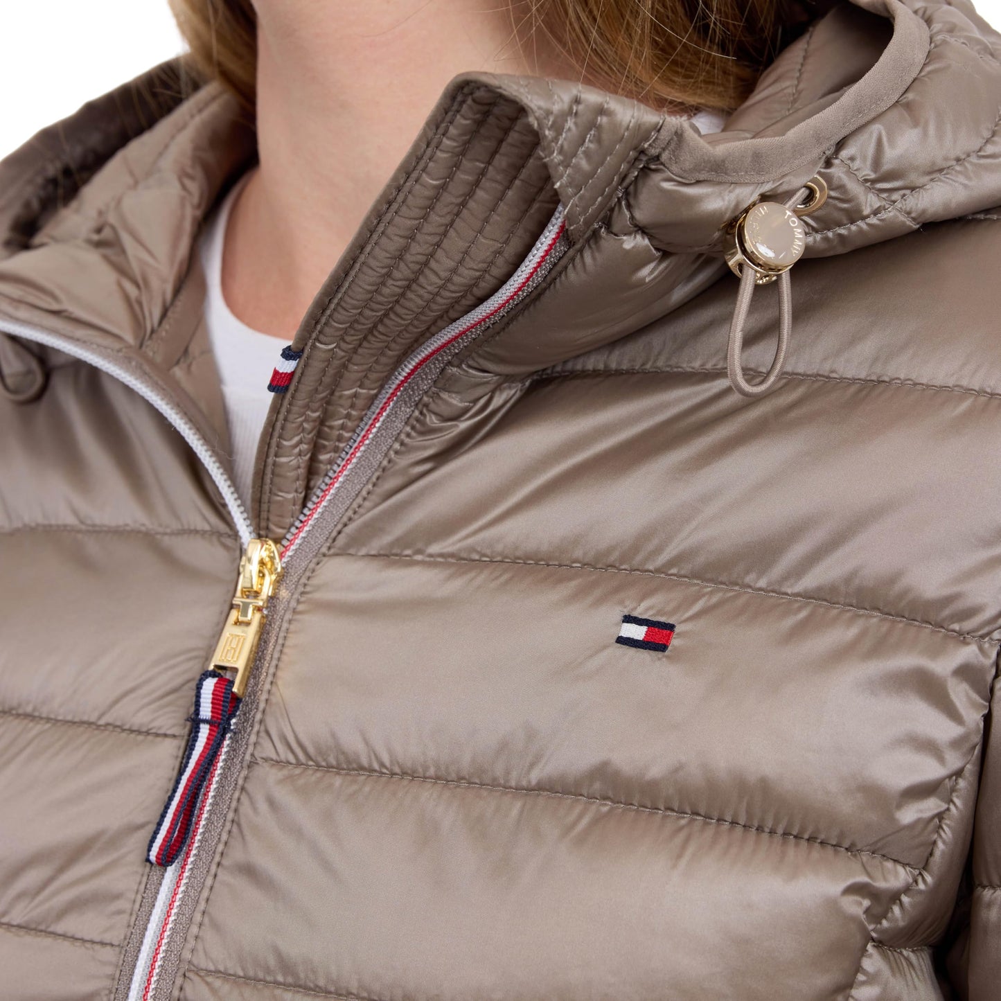 Tommy Hilfiger Women's Puffer Jacket, Lightweight Packable Jacket With Hood & Bag, Taupe, Large