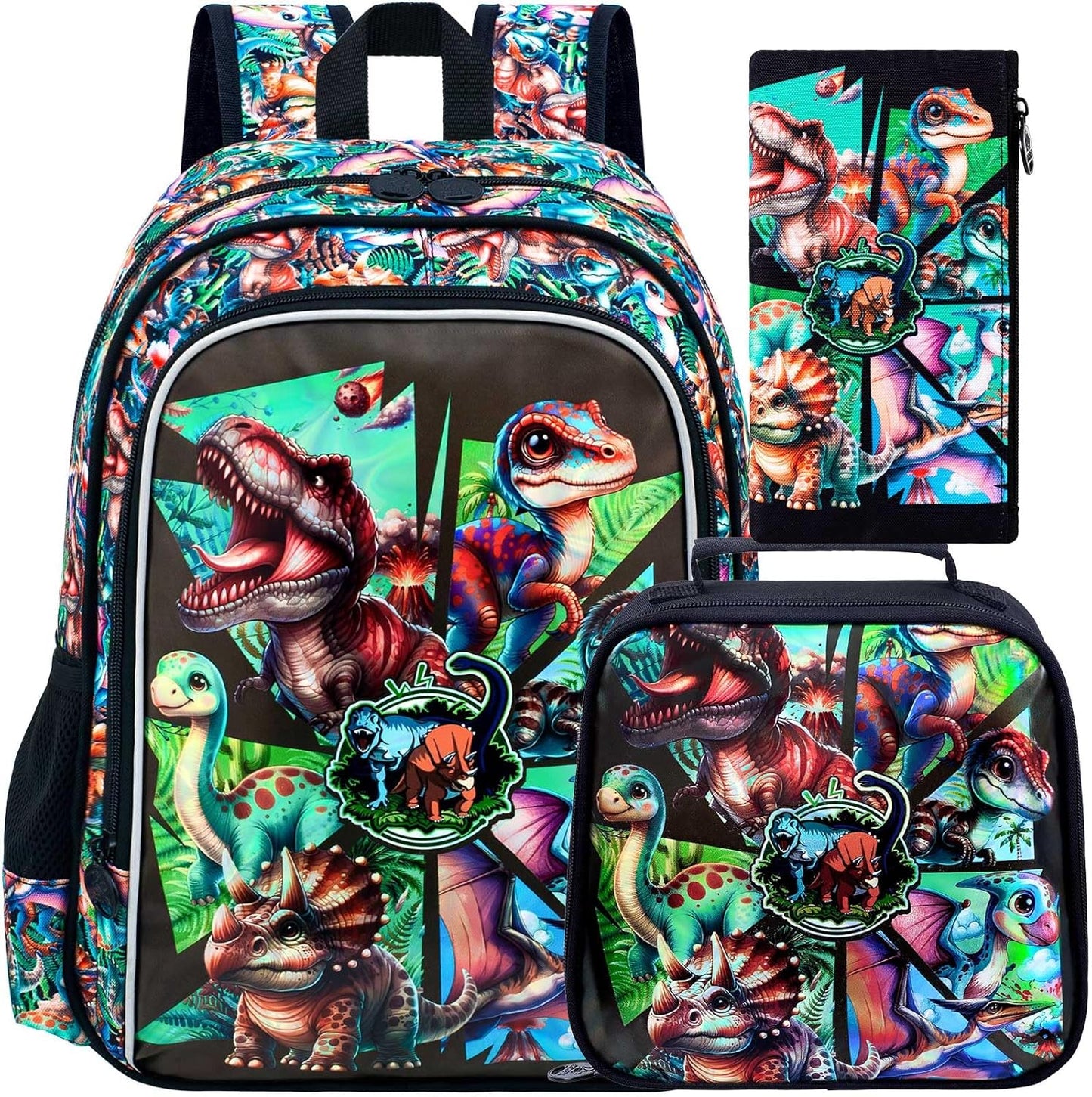 gxtvo 3PCS Kids Dinosaur Backpack, 16" Boys Bookbag with Lunch Box, Water Resistant Elementary Preschool Toddler School Bag