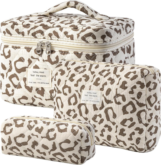 HBselect Quilted Makeup Bag, 3PCS Cotton Large Travel Makeup Bag, Cute Floral Coquette Make up Bag Cosmetic Bag Toiletry Bag for Women Girls