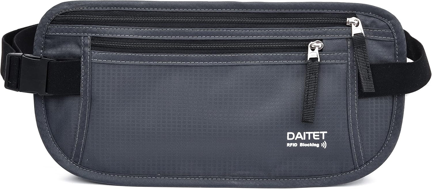 RFID Blocking Money Belt for Men Women, Slim Fanny Pack for Travel，Running,Conceal Waist Wallet for Passport Holder,Phone,Cash(Dark Grey)