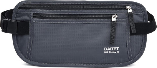RFID Blocking Money Belt for Men Women, Slim Fanny Pack for Travel，Running,Conceal Waist Wallet for Passport Holder,Phone,Cash(Dark Grey)