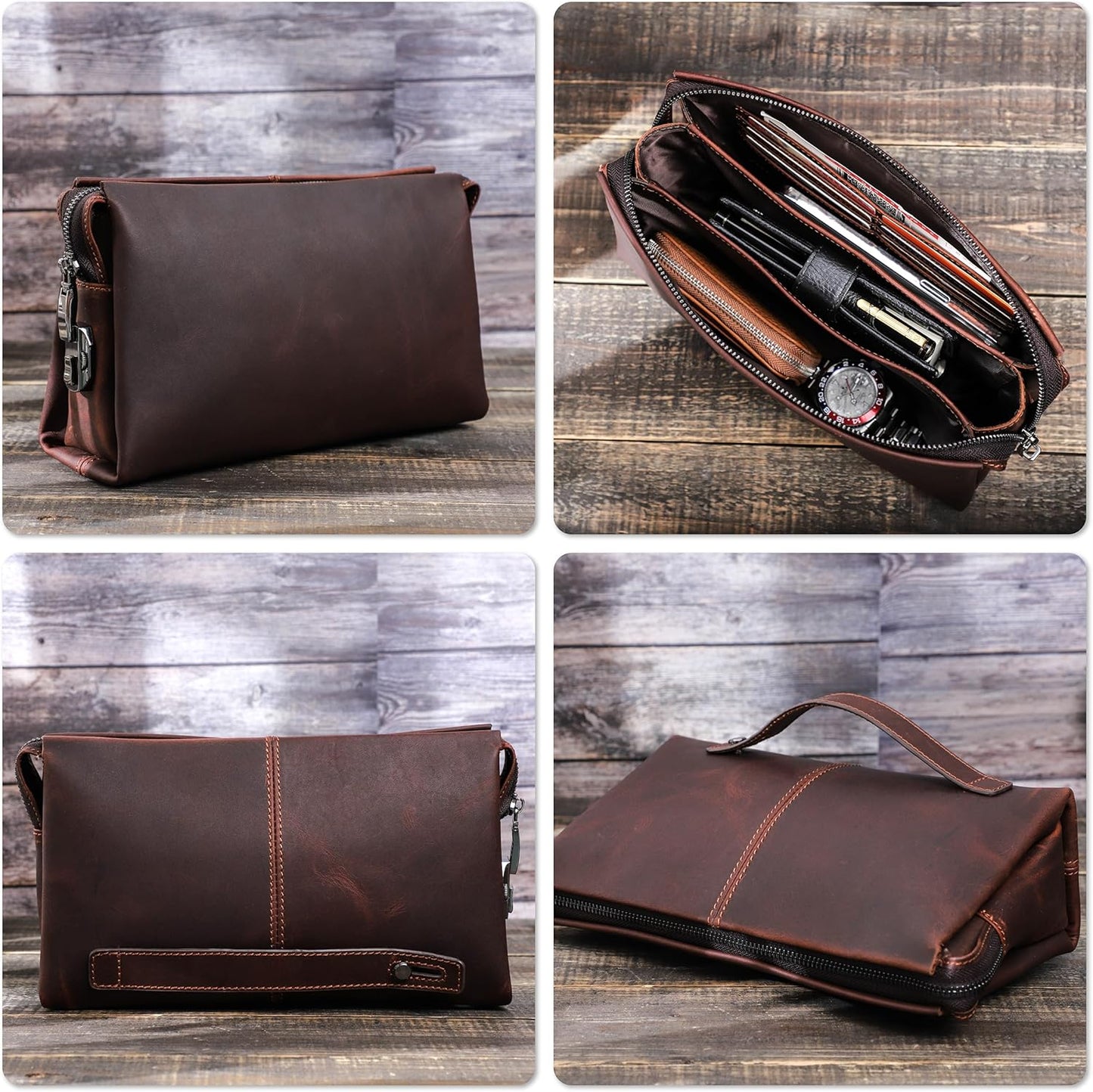 Top Grain Genuine Leather Clutch Wallet Purse for Man & Woman, Handmade Retro Design, Combination Lock & Retractable Strap & Multi Pockets/Slots, Portable RFID for Cards/Checks/Phone/Banknote, Coffee
