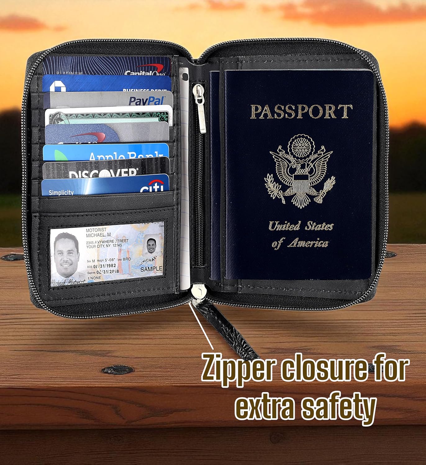 Passport Wallet - Travel Document Holder w/RFID Blocking – Full Grain Leather – Bifold compact zip