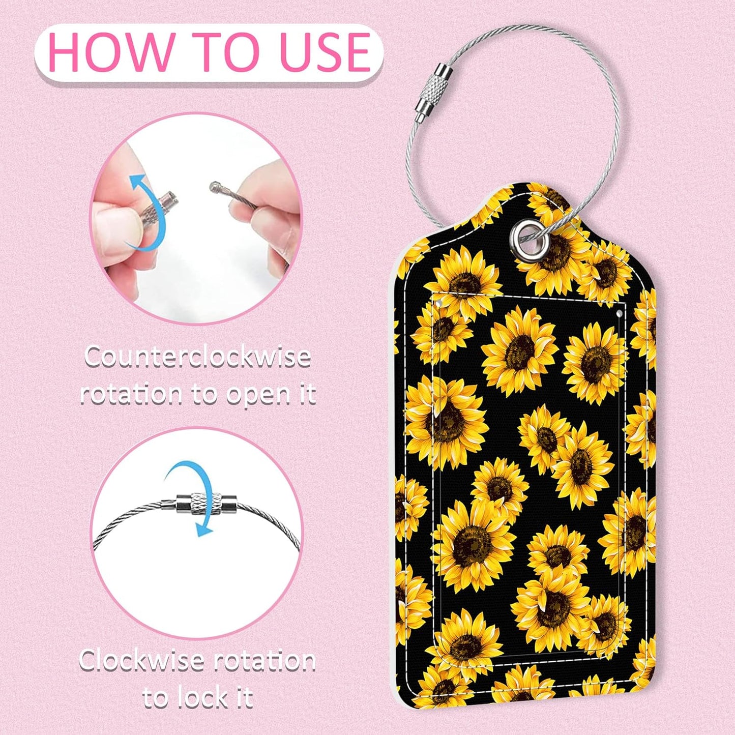 2 Pack Sunflowers on Stripes Luggage Tag for Suitcase,Yellow Sunflowers PU Leather Suitcase Tags Identifiers with Privacy Name Address Labels and Steel Loop for Women Men Travel