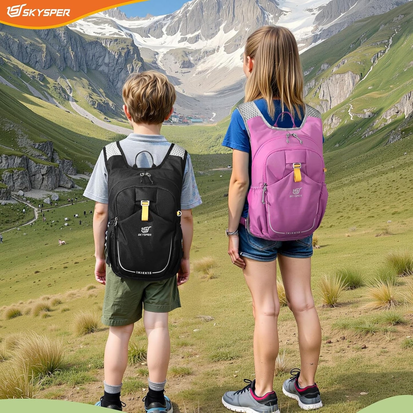 SKYSPER Kid Backpack for Boys Girls Kids Travel Backpack Day Pack for Outdoor Day Trips Kids 16" tall(Black)