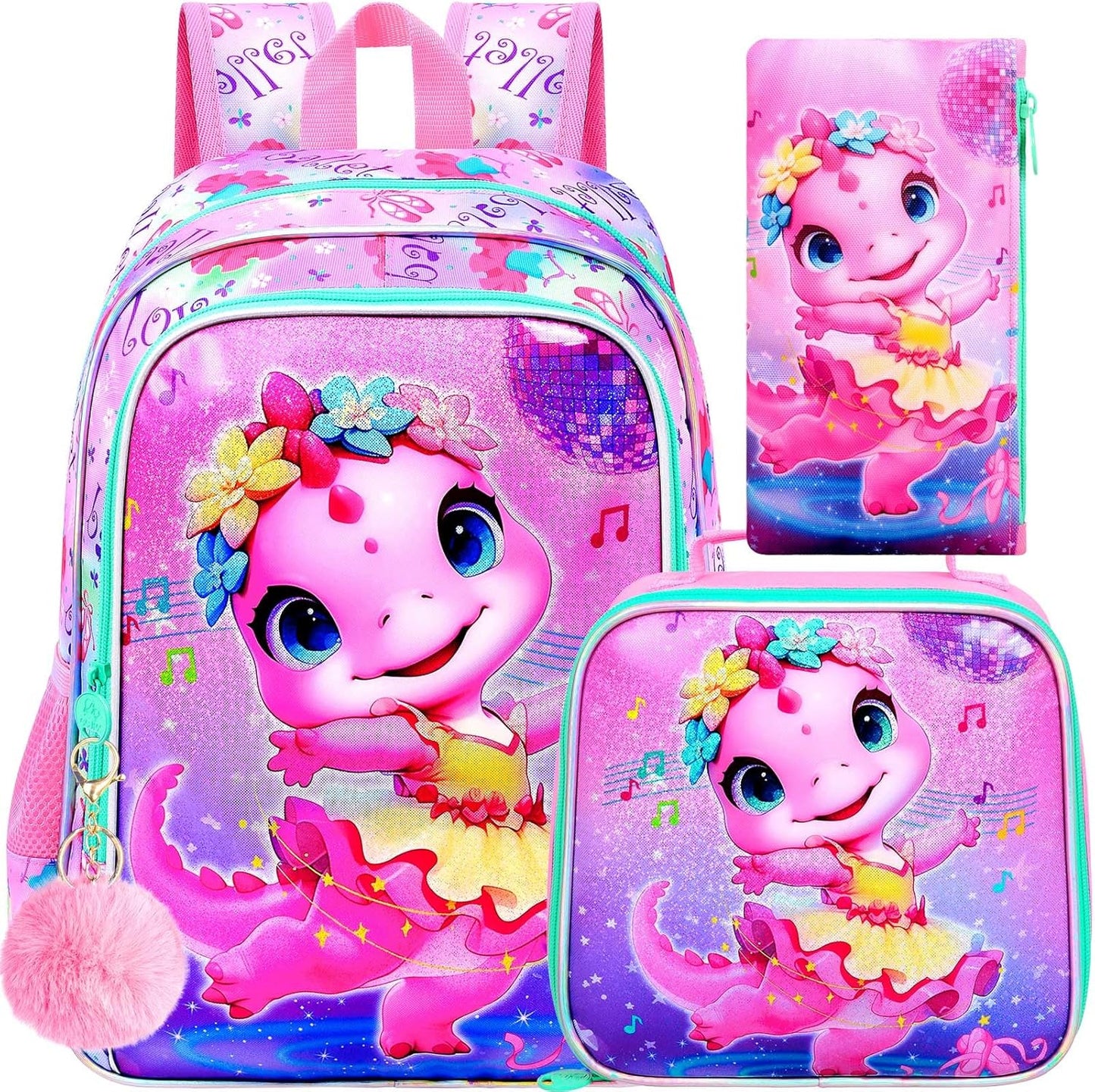 CCJPX 3PCS Dinosaur Backpack for Girls, 16 Inch Kids Ballet Preschool School Backpacks with Lunch Box, Cute Ballet Water Resistant Bookbag with Elementary Toddler Travel
