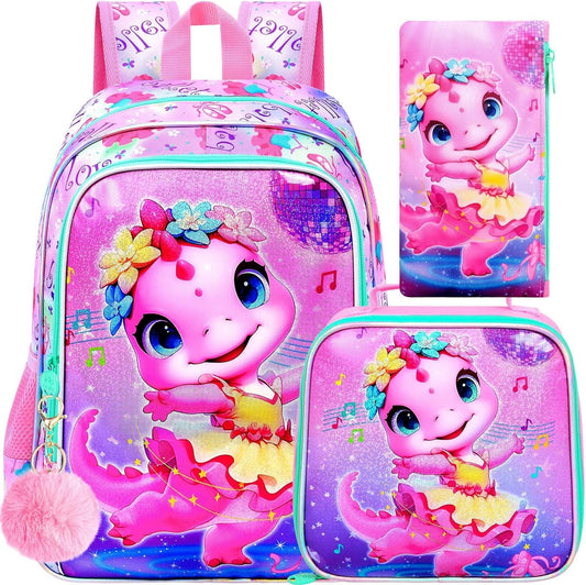 CCJPX 3PCS Dinosaur Backpack for Girls, 16 Inch Kids Ballet Preschool School Backpacks with Lunch Box, Cute Ballet Water Resistant Bookbag with Elementary Toddler Travel