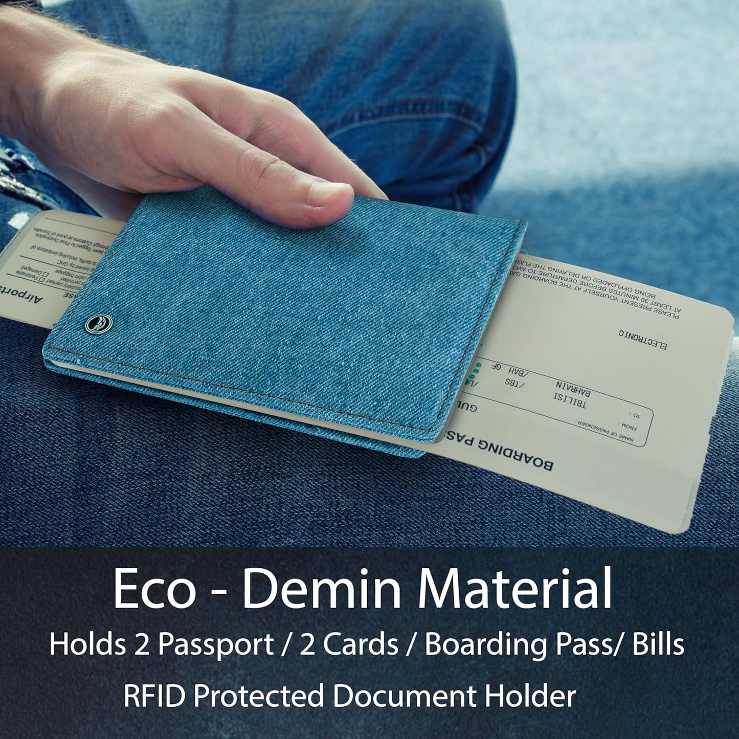 RFID Travel Passport Holder – Slim Credit Card & Document Organizer, Boarding Pass Wallet, Denim Eco Plane Essential Case Cover for Men Women (Blue Denim)