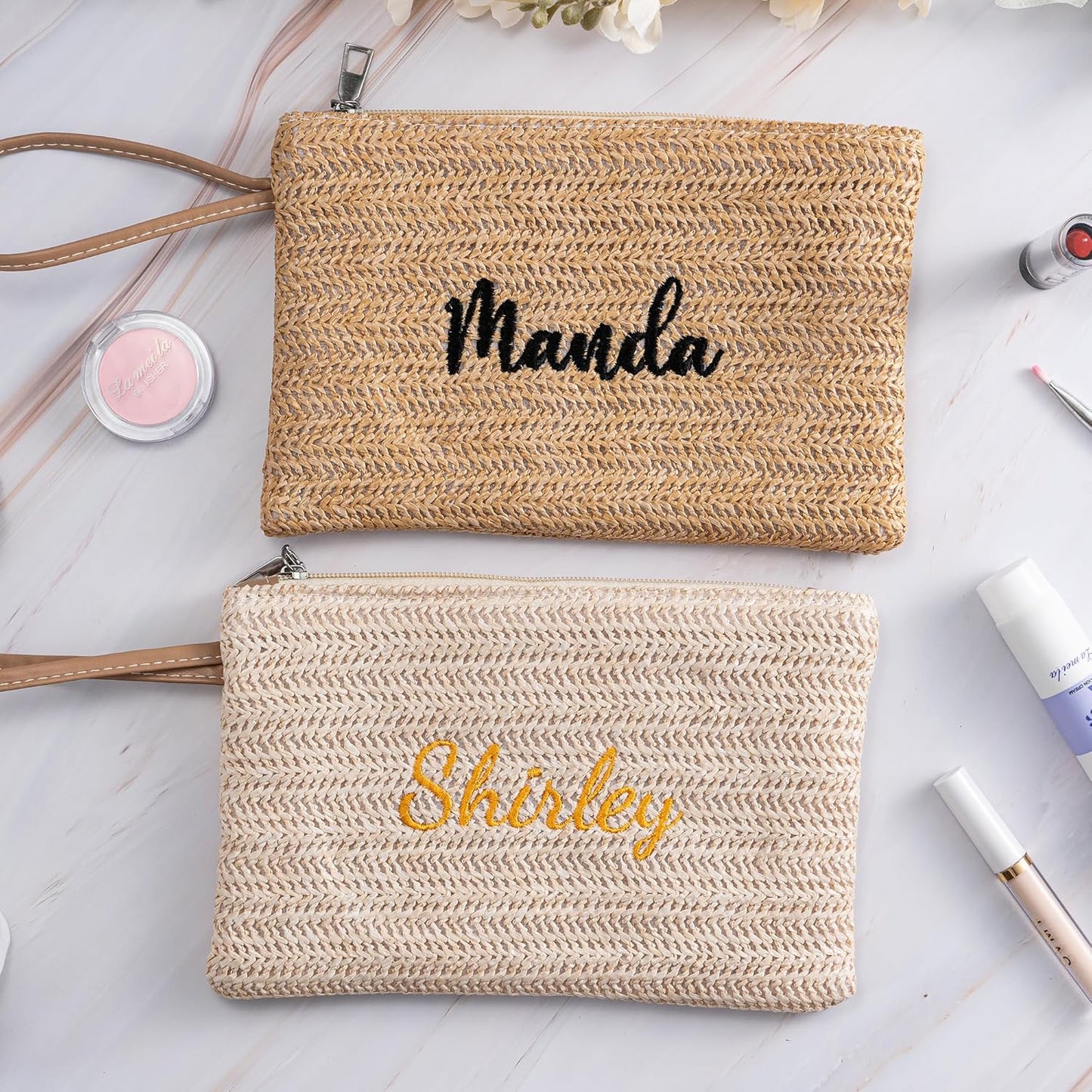 Personalised Straw Clutch Purse, Personalised Embroidered Cosmetic Bag, Handwoven Straw Cosmetic Bag with Leather Trim, Bridesmaid Gift