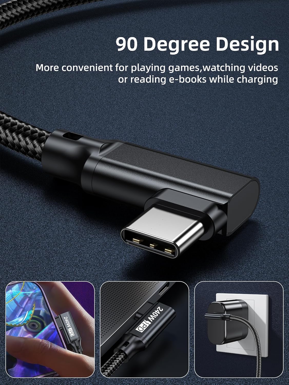 240W USB C to USB C Cable 3.3FT,PD 3.1 Type C to C 5A Fast Charging Cable Right Angle for MacBook Pro/Air,iPad Pro/Air/Mini,iPhone15/15Pro/15Plus/15ProMax,Samsung S24/S23/S22,Surface Book2,Pixel