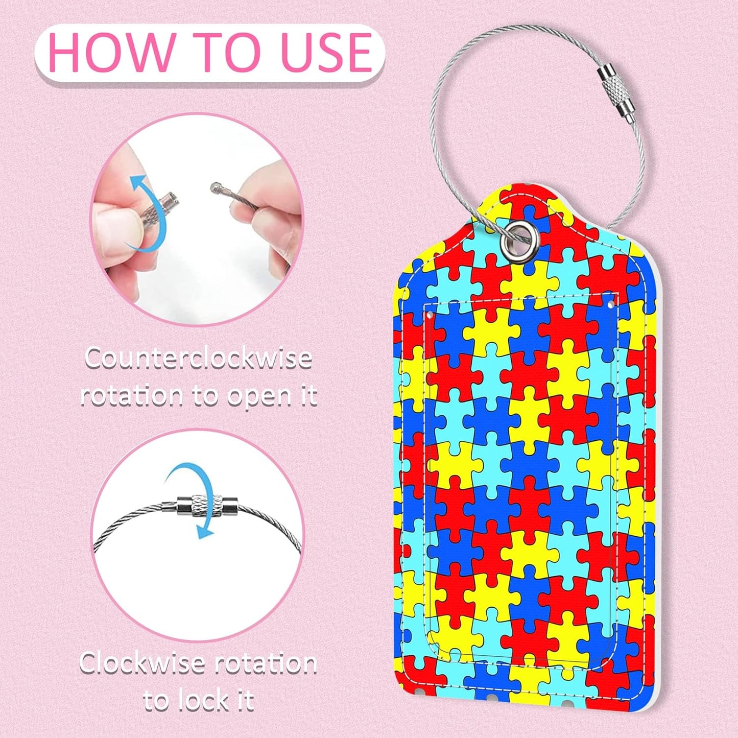 2 Pack Luggage Tag for Suitcase,Autism Awareness PU Leather Suitcase Tags Identifiers with Privacy
