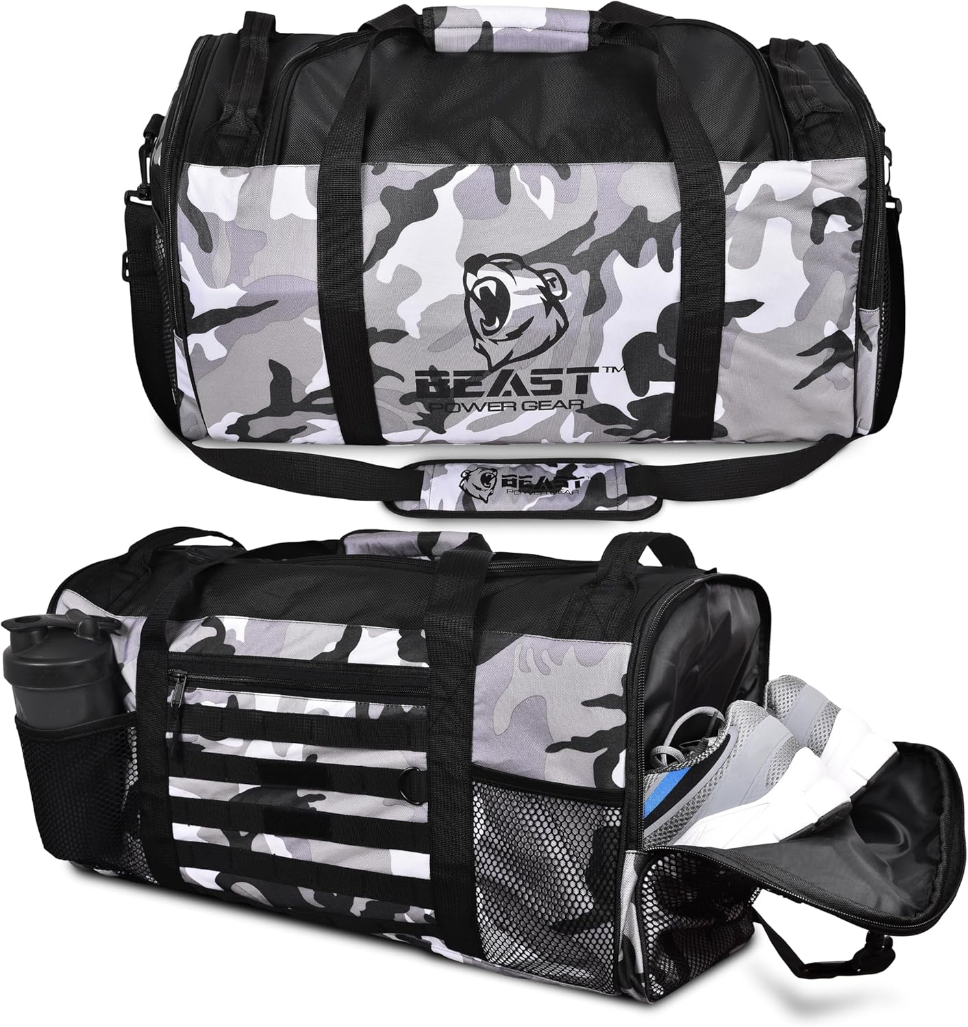 Unisex Duffel Bag Gray Camo, Extra Roomy Waterproof Gym Bag For Women with Shoe Compartment, Sports