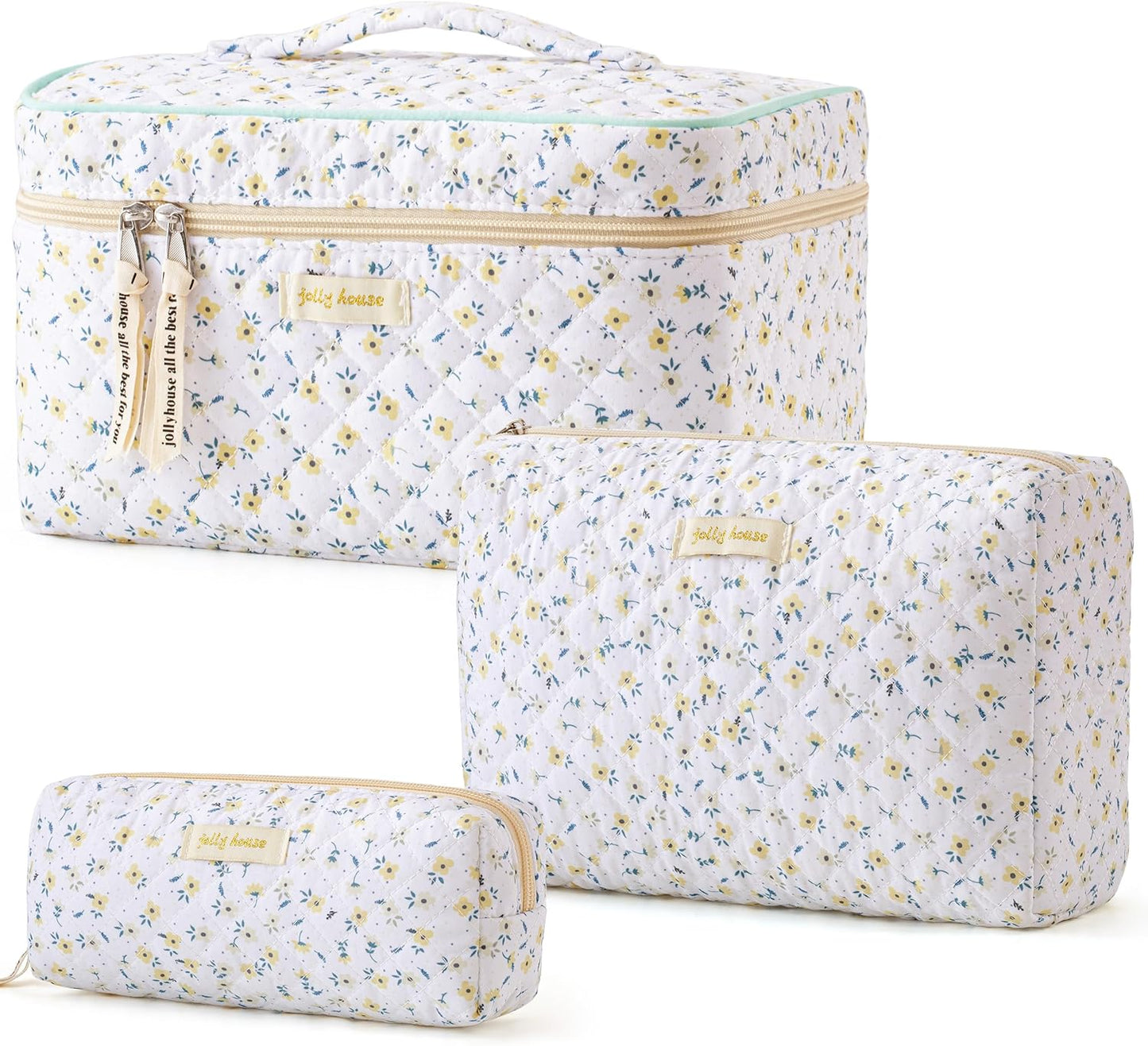 HBselect Quilted Makeup Bag, 3PCS Cotton Large Travel Makeup Bag, Cute Floral Coquette Make up Bag