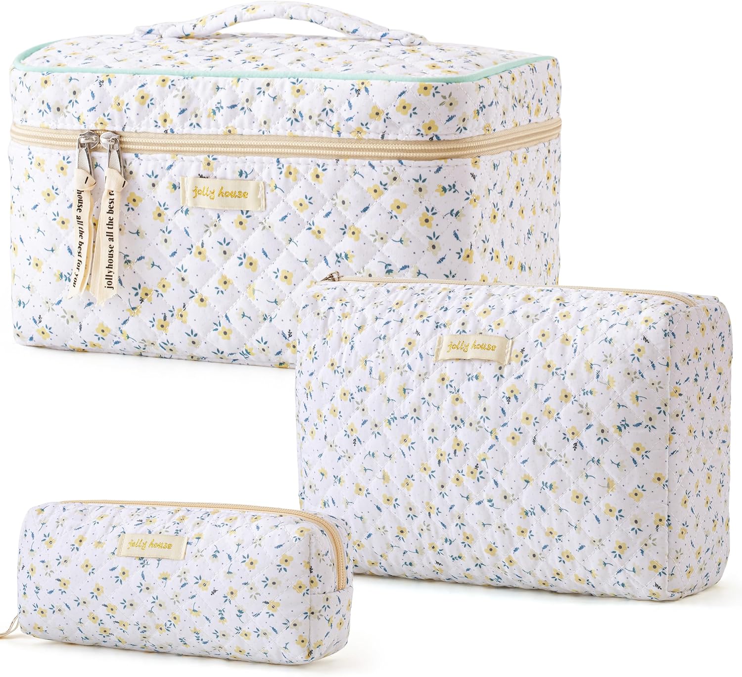 HBselect Quilted Makeup Bag, 3PCS Cotton Large Travel Makeup Bag, Cute Floral Coquette Make up Bag