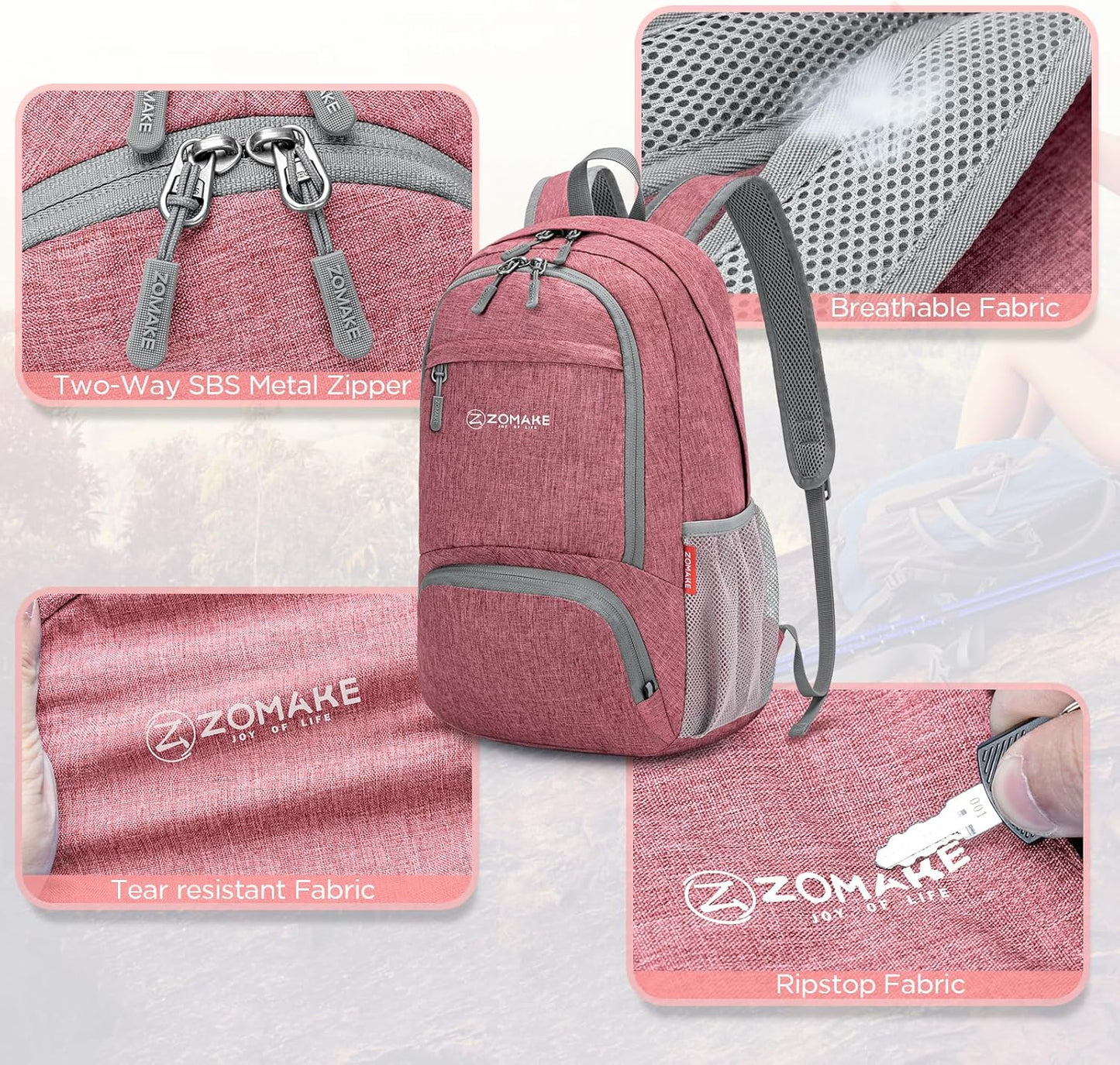 ZOMAKE Ultra Lightweight Packable Backpack 20L,Small Foldable Backpacks Hiking Water Resistant Collapsible Daypack for Women Men(Pink-B2)
