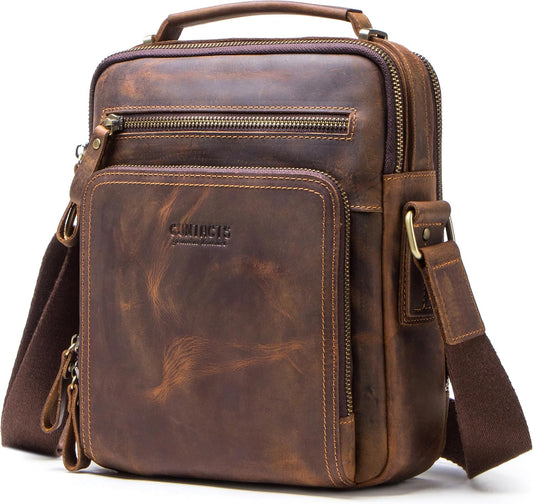 Top Grain Leather 11" Messenger Bag for Man & Woman, Multi Pockets, Fits to 8.3"/10.9" iPad for Daily/School/Business/Travel