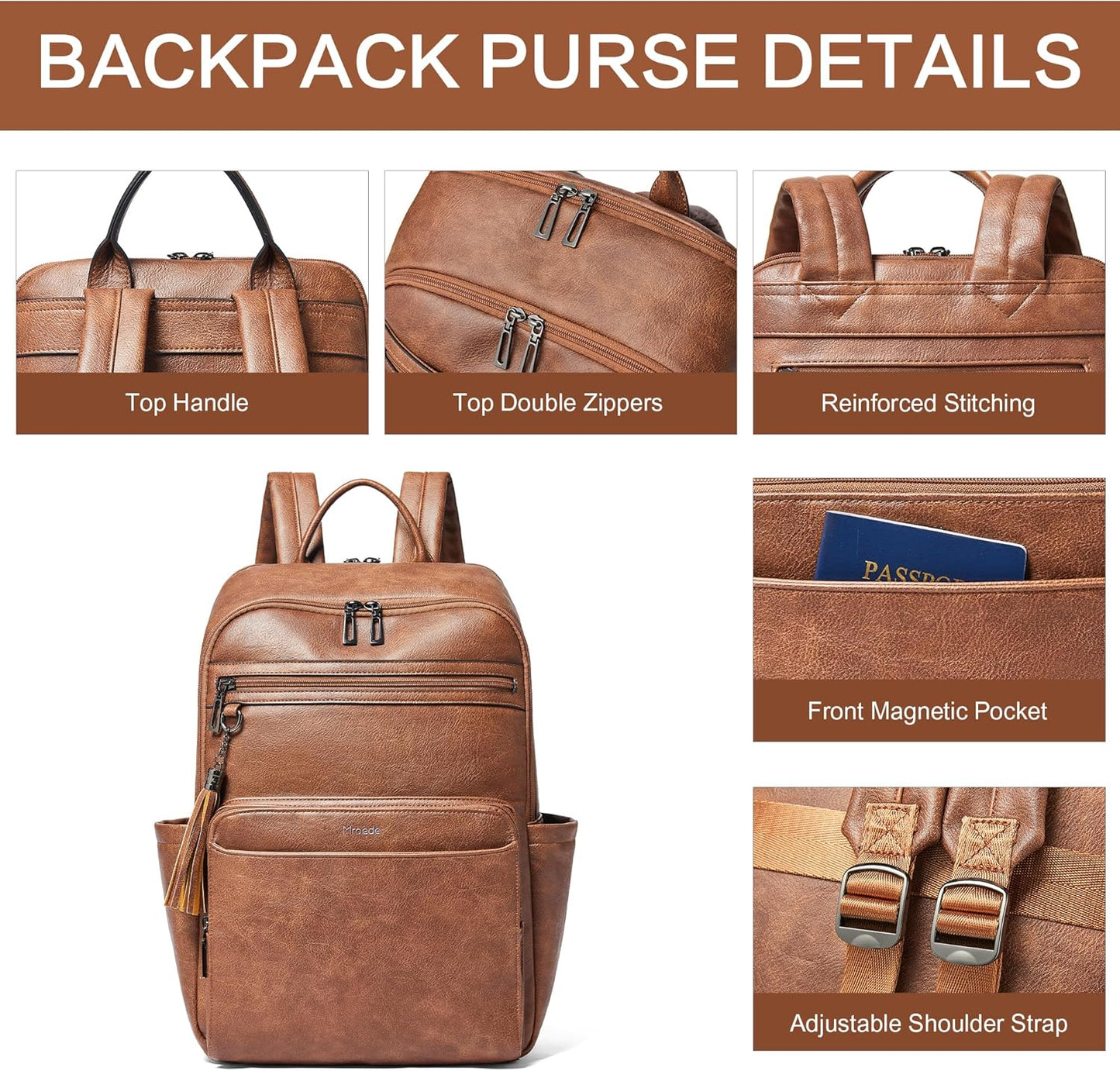Leather Laptop Backpack for Women,Leather Backpack with Laptop Compartment Fit 15.6 inch Laptops,Carry-on Travel Backpacks,Casual Daypack for Work Business Weekender College,Brown