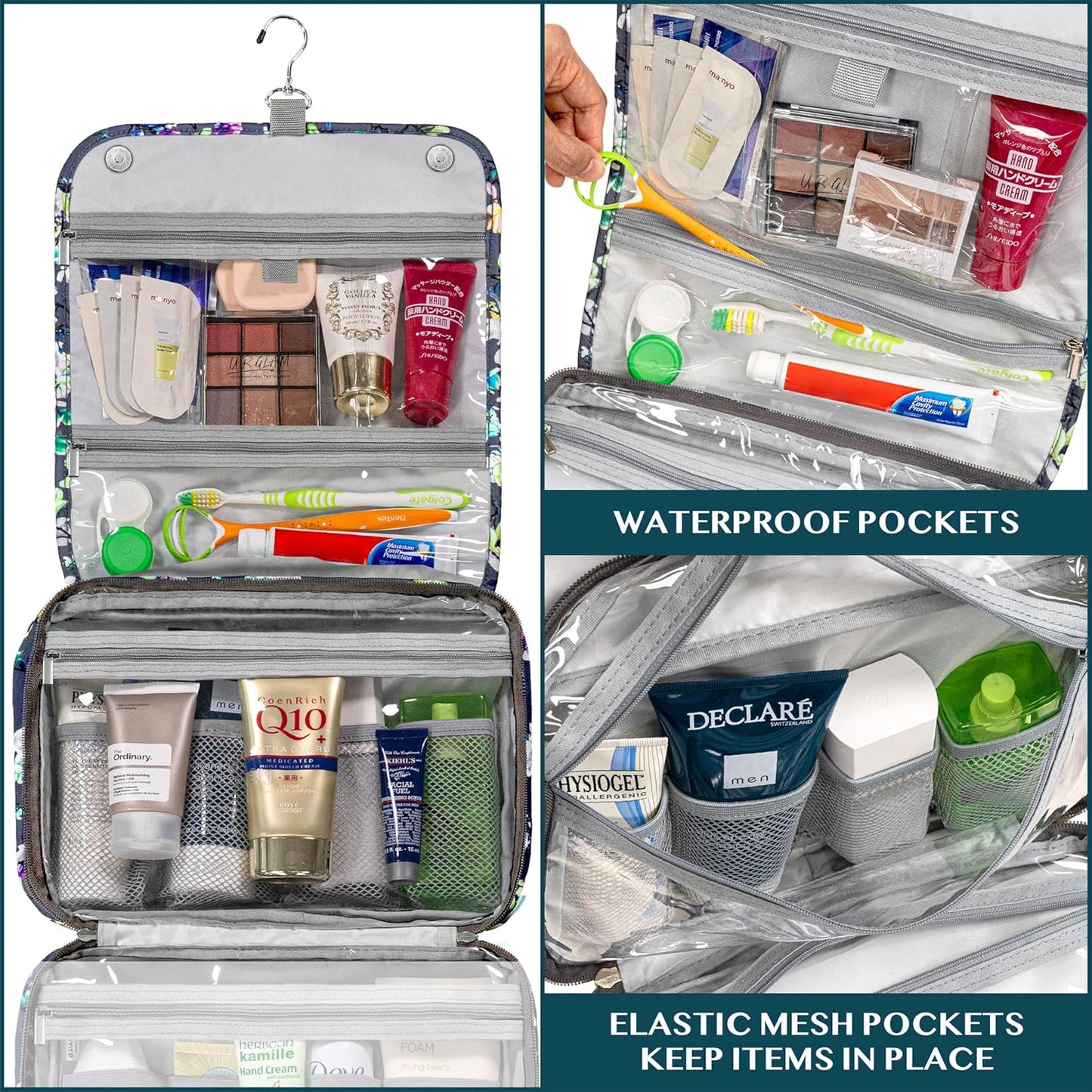 PAVILIA Hanging Toiletry Bag Women Men, Foldable Cosmetic Organizer Travel Bag, Water Resistant