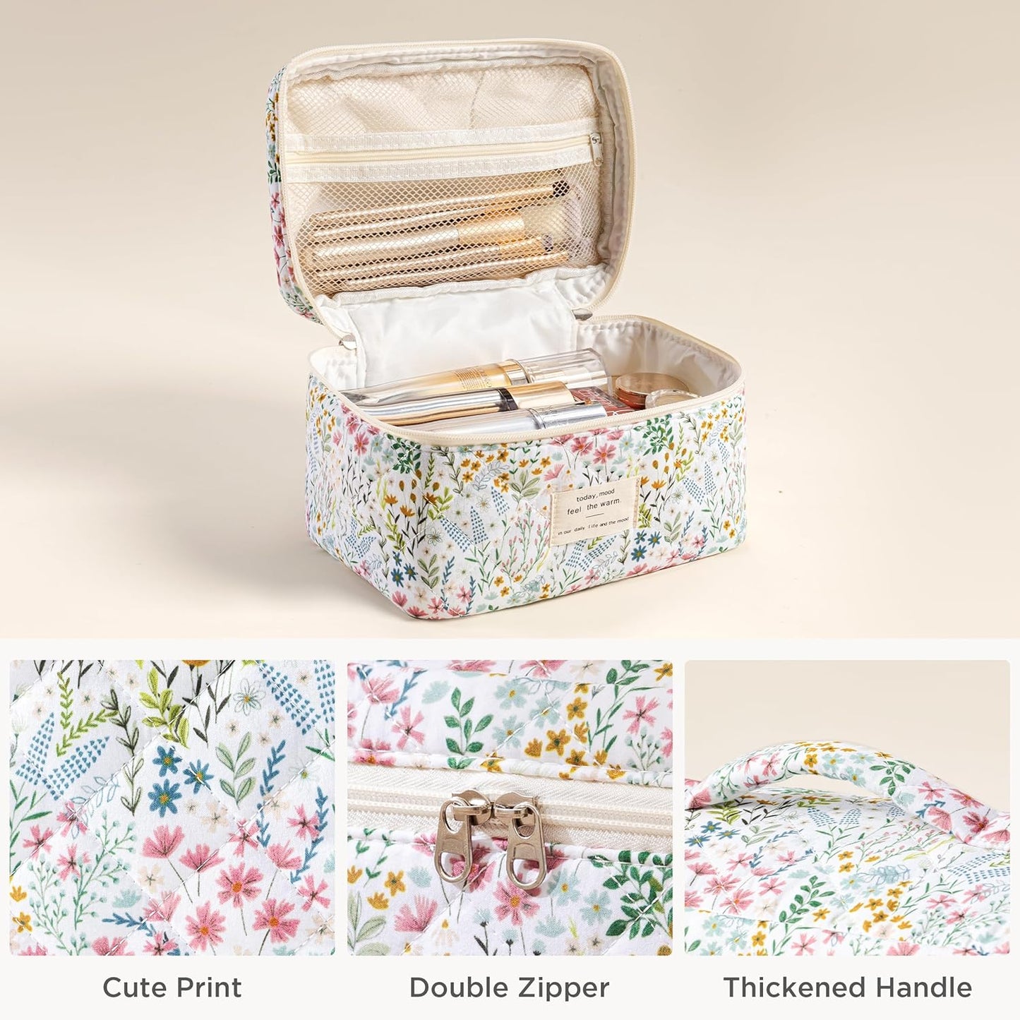HBselect Quilted Makeup Bag, 3PCS Cotton Large Travel Makeup Bag, Cute Floral Coquette Make up Bag Cosmetic Bag Toiletry Bag for Women Girls