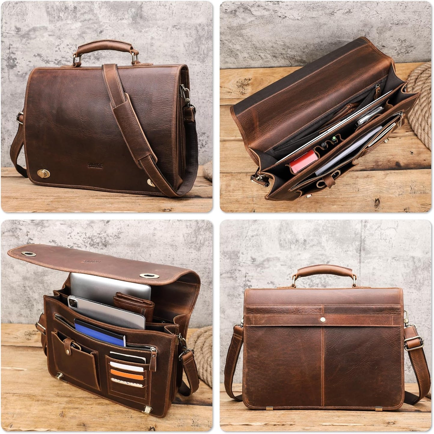 Top Grain Leather 15.4" Laptop Briefcase Crossbody Handbag, Vintage Design & Multi Pockets & Luggage Strap, Fits to 2025 MacBook Pro/Air 13.3"/14.2"/15.4"/16" & A4/A5 Paper, Coffee 15.4 Inch