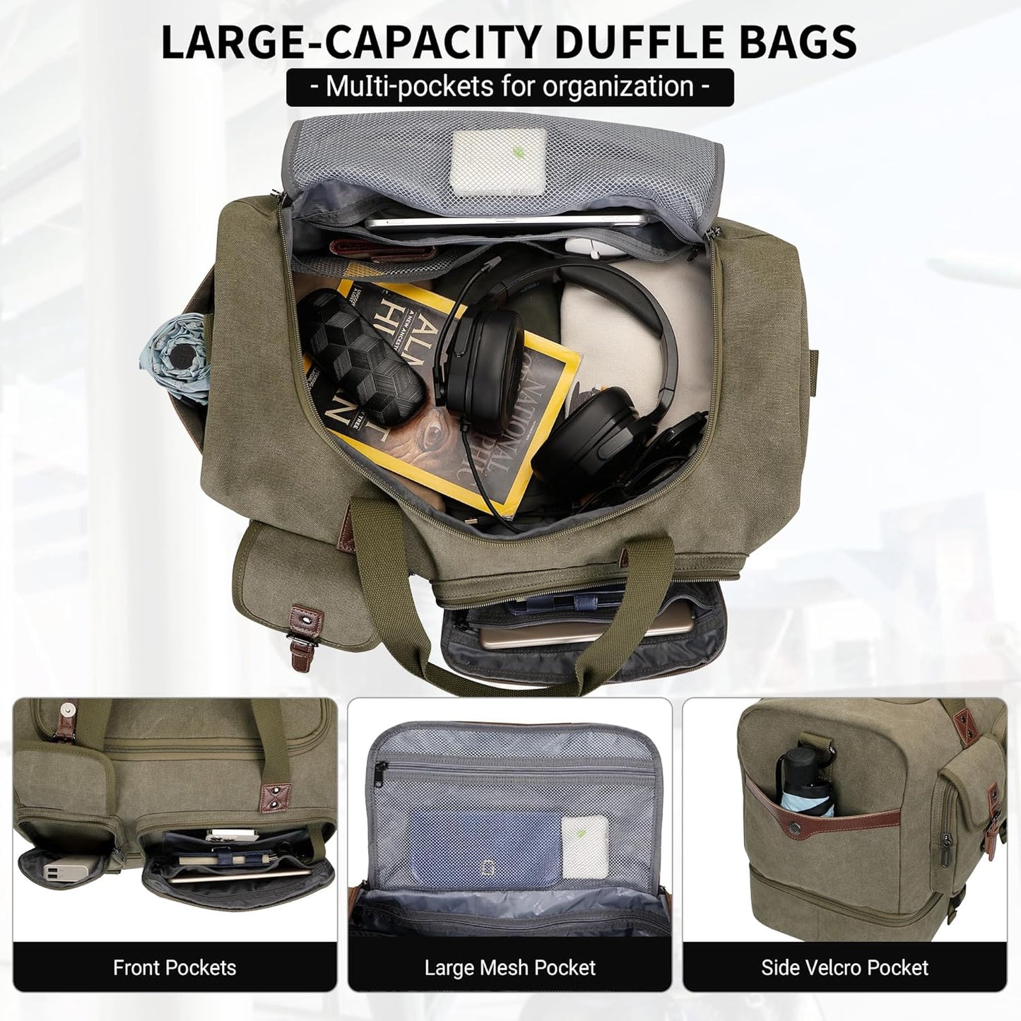 WITZMAN Canvas Weekender Bag Mens Overnight Bag for Traveling Carry on Duffle Bags with Shoes Compartment(A8010 Army Green)