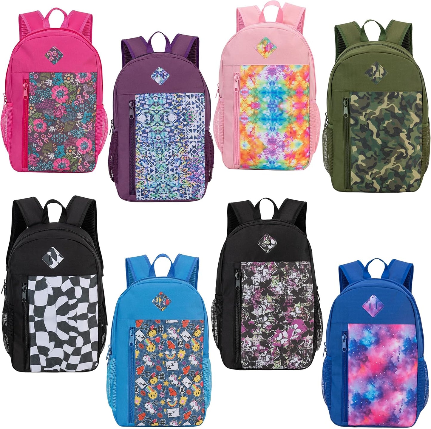 24-Pack 19" Padded Back Backpacks for Kids - Bookbags in Bulk for Middle and High School Students, 8 Assorted Prints